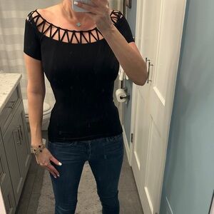 Bailey 44 Black Short Sleeve Top with Geometric Neckline